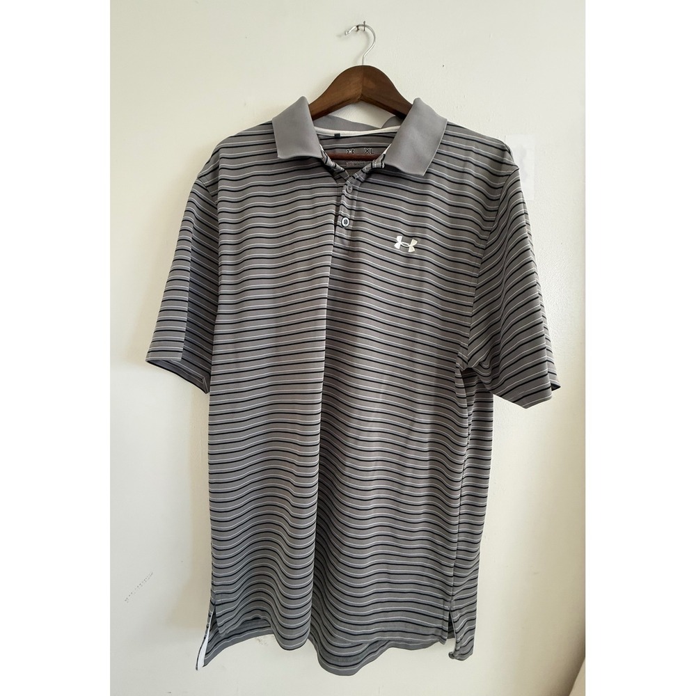Under Armour HeatGear Loose Polo Shirt Mens XL Gray Striped Golf Short Sleeve